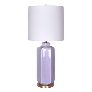 Modern lavender table lamp with white shade.