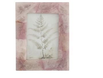 Framed dried fern leaf on a pinkish marble background.