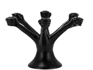 Black candle holder with five hand-shaped holders.