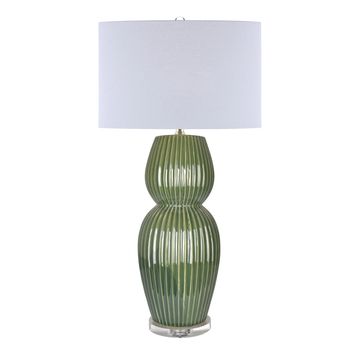 Green ceramic table lamp with white shade.