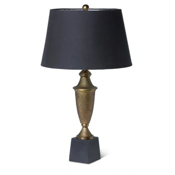 Elegant black and gold table lamp with a textured base.