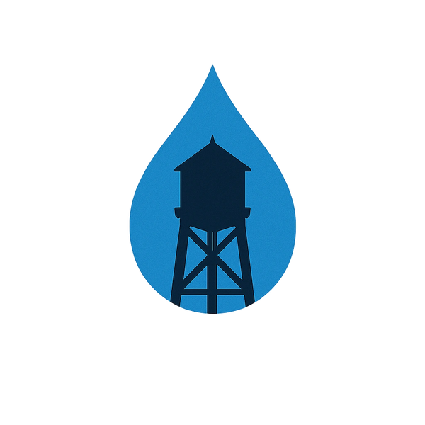 Silhouette of a water tower inside a blue water droplet shape.