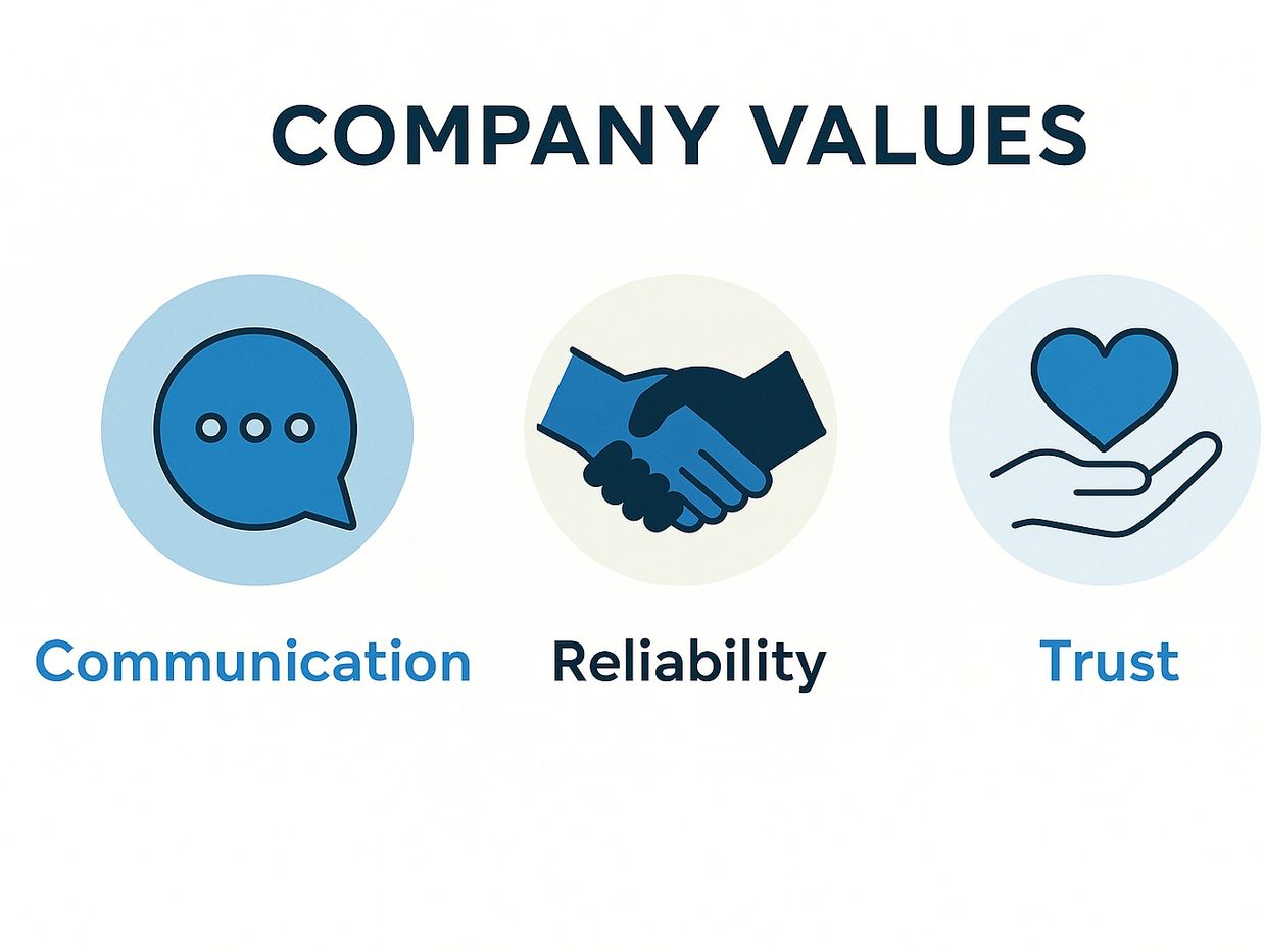 Icons representing company values: communication, reliability, and trust.