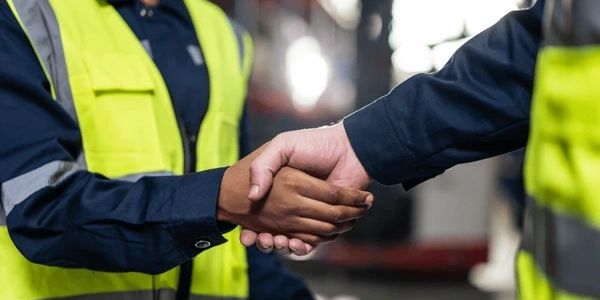 Two workers in safety vests shaking hands in a warehouse.