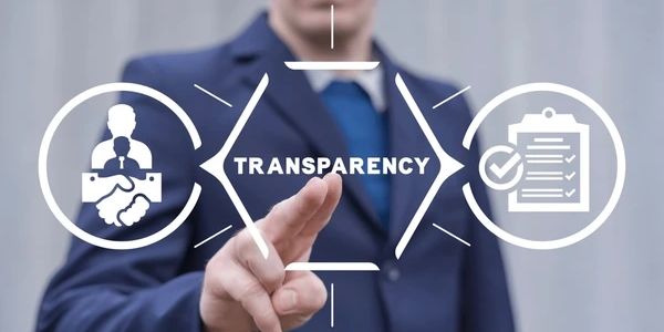 Businessman pointing at the word 'Transparency' with related icons.