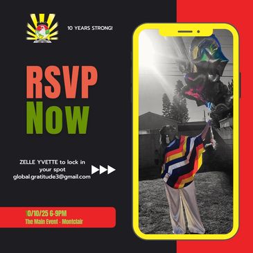 RSVP now for an event with Zelle Yvette, featuring a colorful image of a person holding balloons.