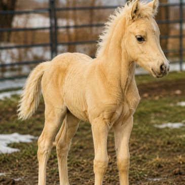 A young cream-colored foal standing on muddy ground.