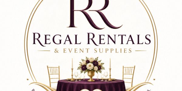 Logo for Regal Rentals &amp; Event Supplies with elegant table setting.