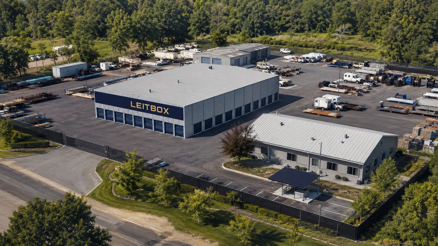 Industrial complex with Leitbox building surrounded by trucks and greenery.