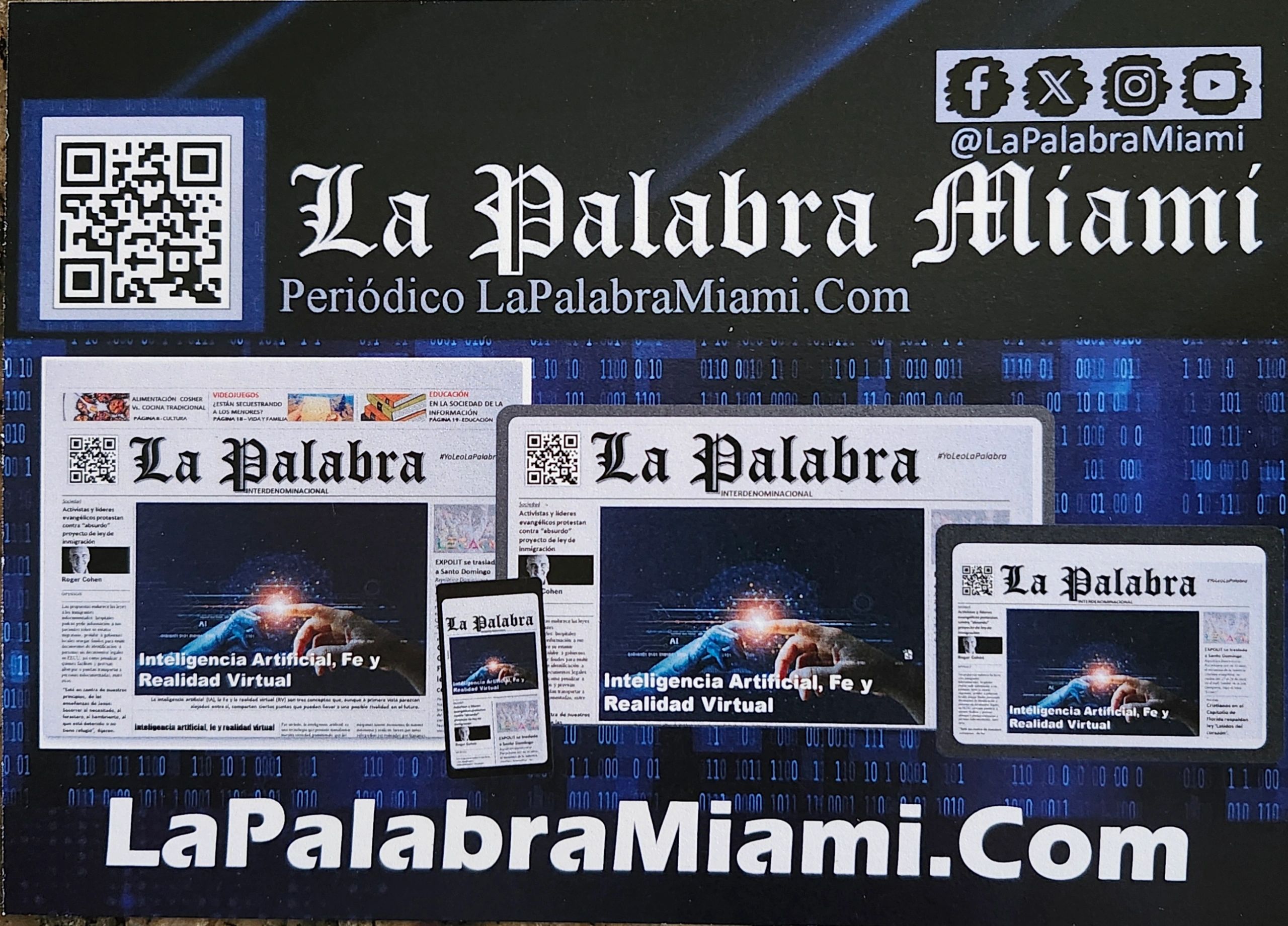 Promotional image for La Palabra Miami newspaper and website with social media handles.