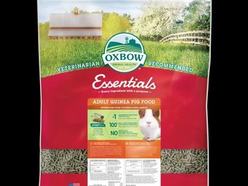 Oxbow Essentials Adult Guinea Pig Food bag with nutritional info and a guinea pig image.