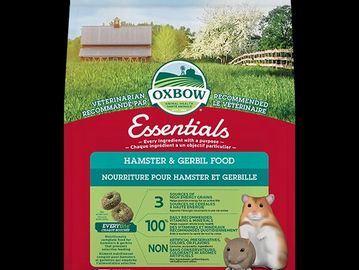 Oxbow Essentials Hamster &amp; Gerbil Food packaging with product details and images of a hamster and gerbil.