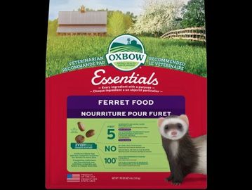 Oxbow Essentials Ferret Food package featuring a ferret and farm background.