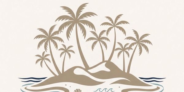Stylized illustration of a tropical island with palm trees and ocean waves.