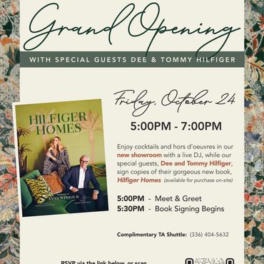 Grand Opening event with Dee and Tommy Hilfiger on October 24, featuring a book signing and meet &amp; greet.