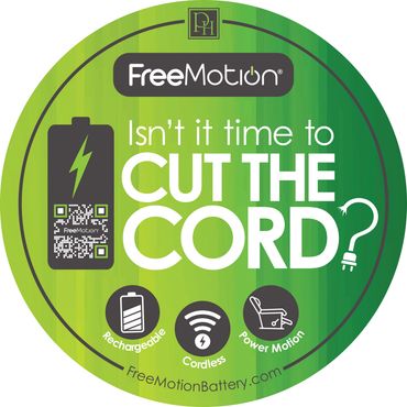 FreeMotion sticker promoting cutting the cord with rechargeable, cordless power motion battery.