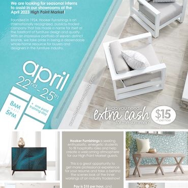 Seasonal internship opportunity at Hooker Furnishings for April 2023 High Point Market.