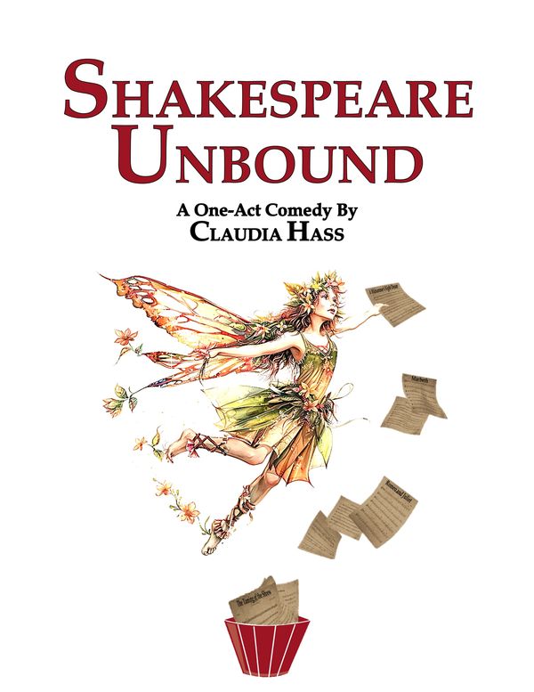 Poster for a comedy play 'Shakespeare Unbound' by Claudia Hass.