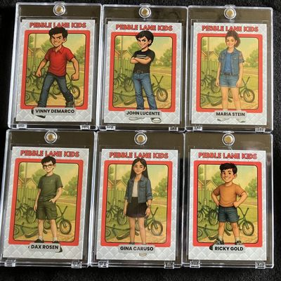 Six Pebble Lane Kids character cards in protective sleeves.