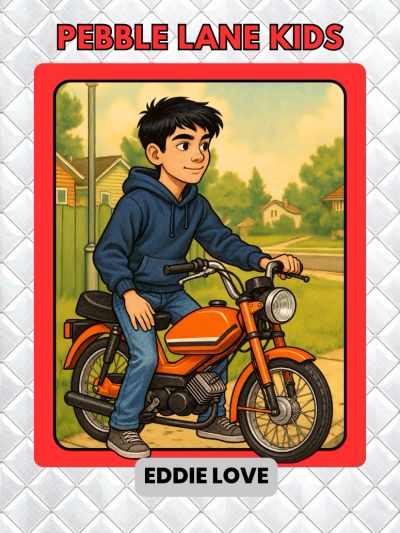 Eddie Love on an orange motorcycle in a suburban setting.