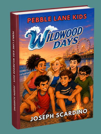 Book cover of Wildwood Days featuring six kids on a beach at sunset.