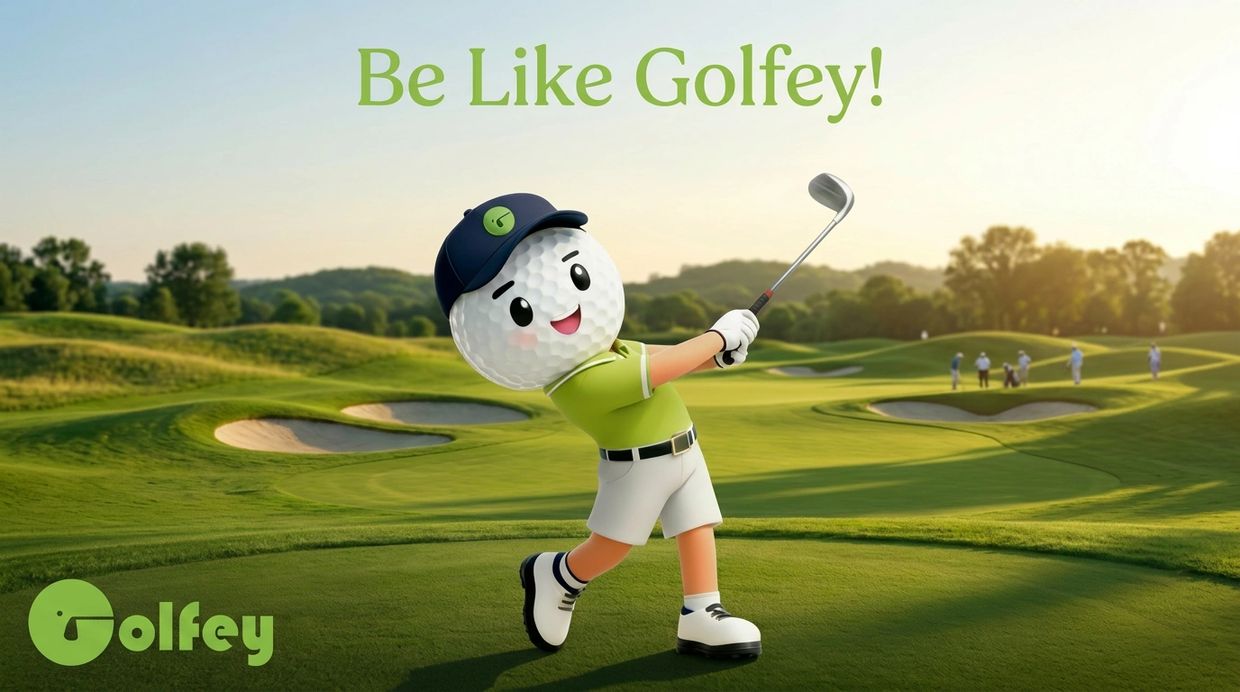 Cartoon golf ball character playing golf on a lush course.