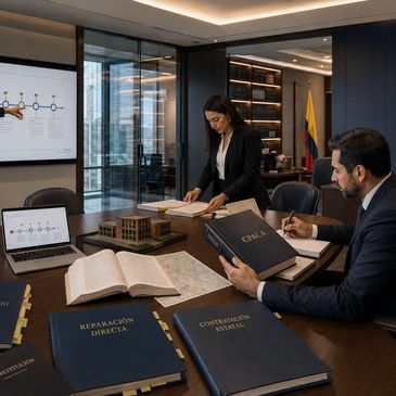 Dos personas en una sala de reuniones con libros jurídicos.