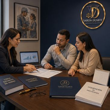 Reunión de asesoría legal laboral en oficina profesional.
