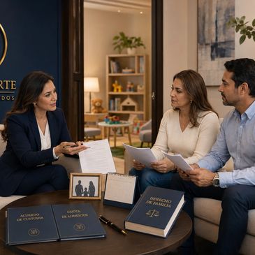 Abogada asesorando a pareja sobre derecho familiar.