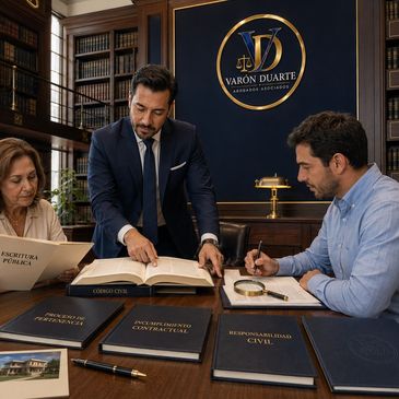 Abogado asesorando a clientes en despacho legal.