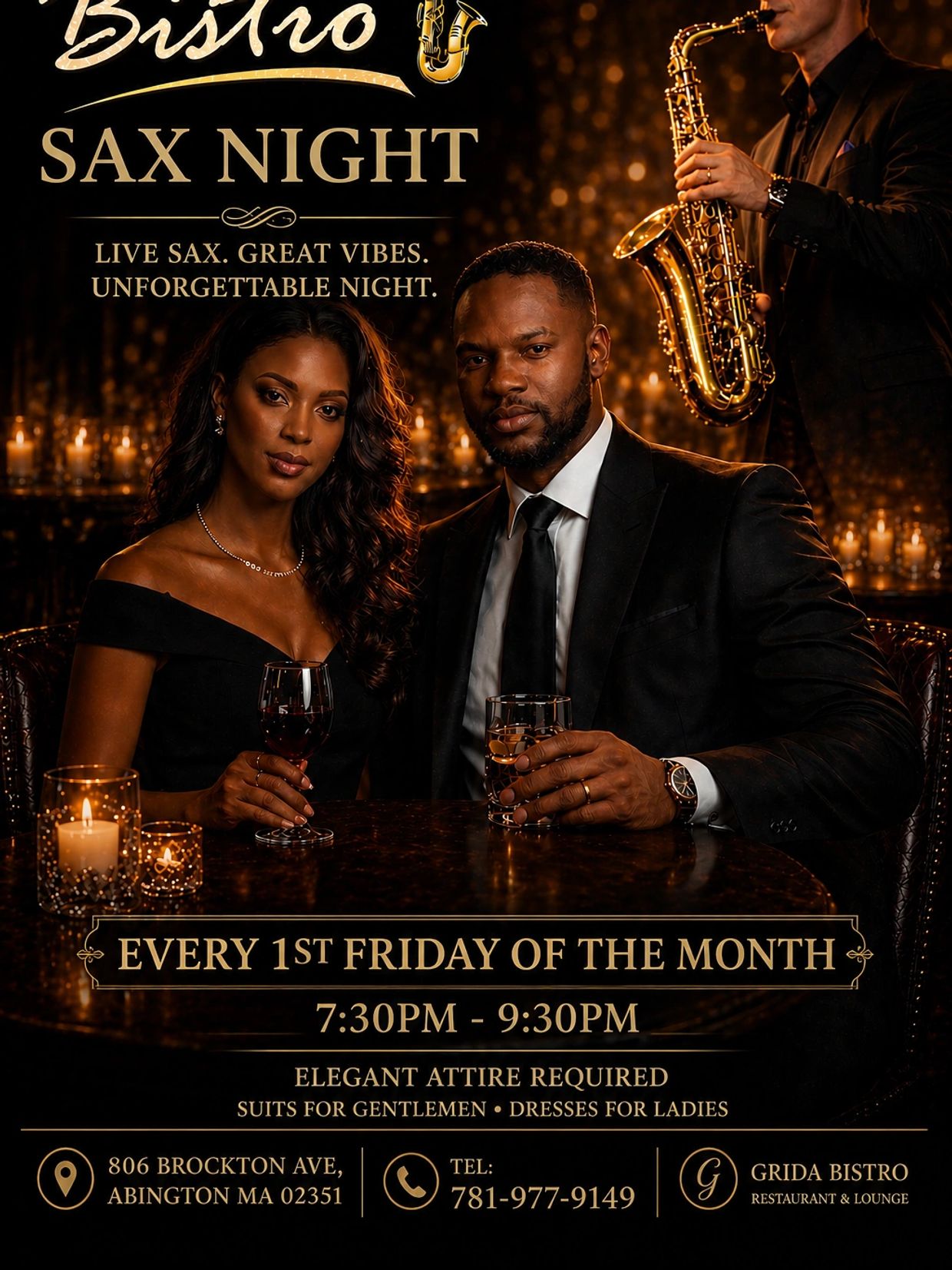 Live Sax & Jazz every first Friday. Upscale dining attire required.