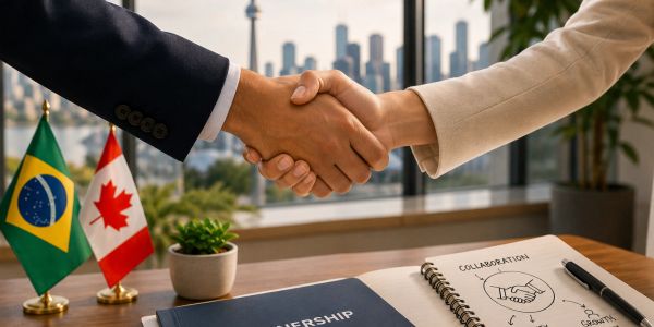 Two professionals shaking hands over a partnership agreement with Brazilian and Canadian flags on the table.