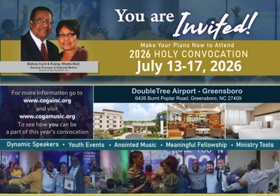 Invitation to the 2026 Holy Convocation with speakers Bishop Cecil and Rev. Rhetta Reid.