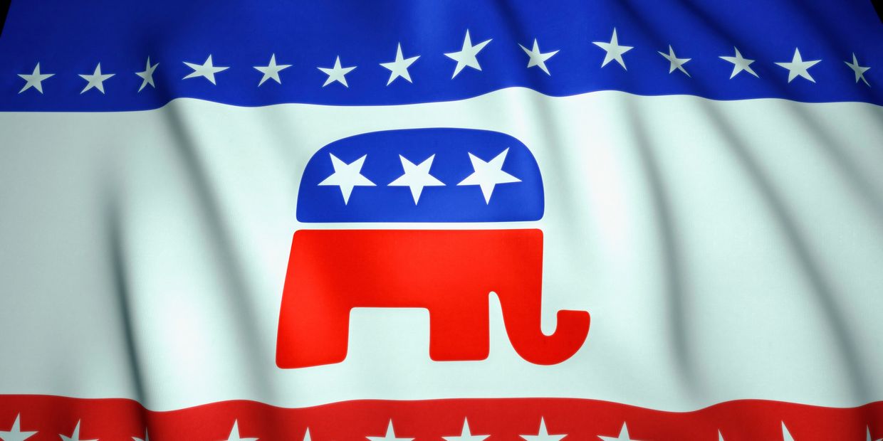 Waving flag with the Republican Party elephant symbol and stars.