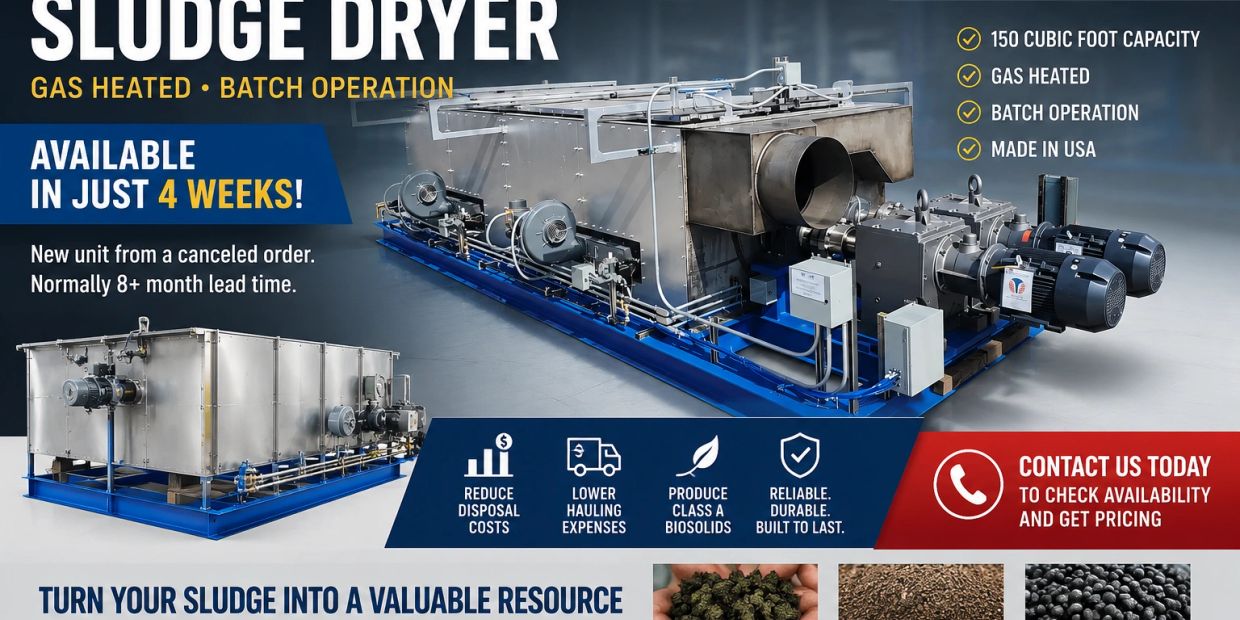 Sludge dryer gas heated batch operation with 150 cubic foot capacity.