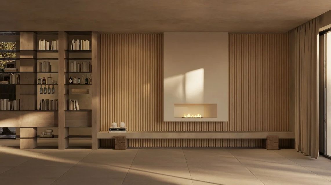Minimalist living room with built-in fireplace and wooden slat wall.