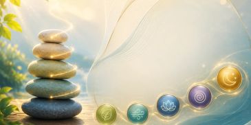 Stacked stones next to colorful chakra symbols with a soft glowing background.