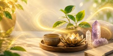 Serene setup with crystals, tea, and plants.