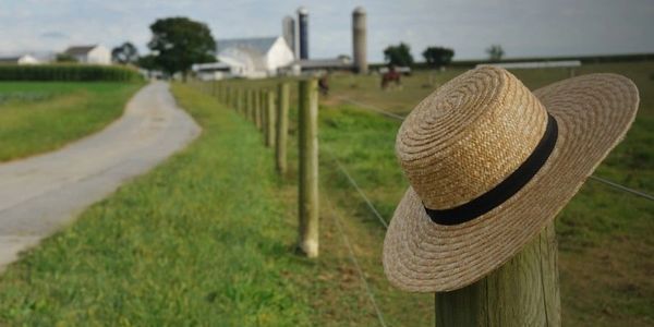 Straw hat hanging on a fence post along a rural farm road.