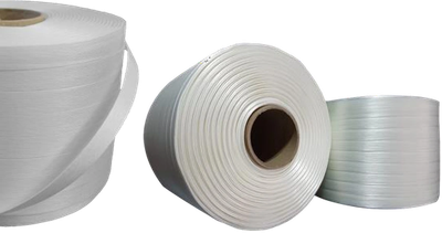 Rolls of white plastic strapping material.