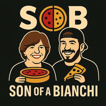 Cartoon of two people holding pizza with text 'Son of a Bianchi'.