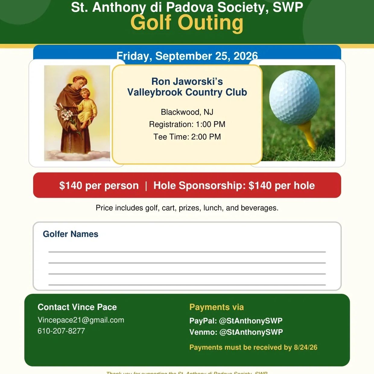 Golf outing event by St. Anthony di Padova Society on September 25, 2026.