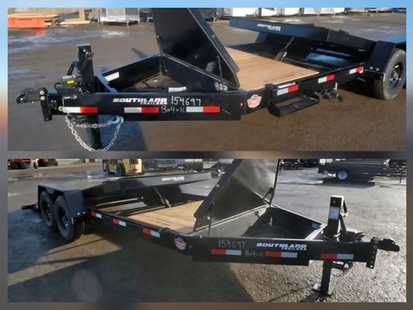 Black Southland trailer with wooden deck and storage compartment open.