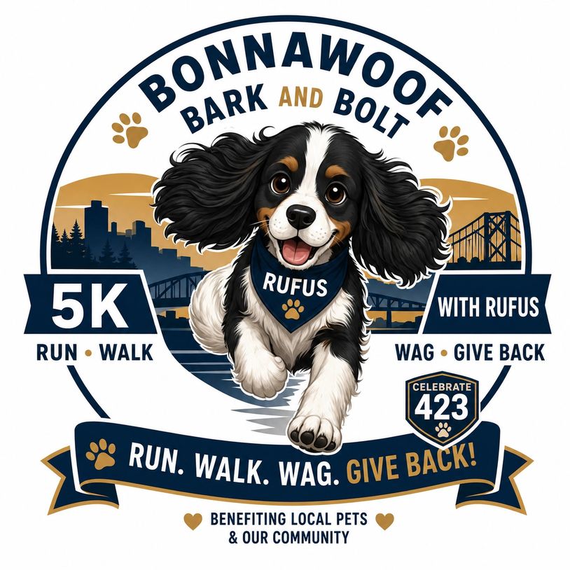 Illustration promoting the Bonnawoof 5K run/walk event with a happy dog named Rufus.