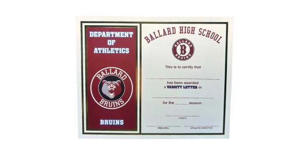Certificate from Ballard High School's Department of Athletics for varsity letter recognition.