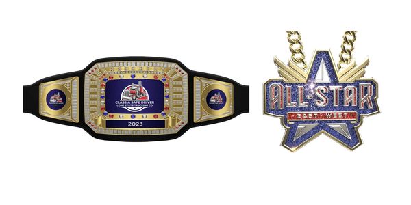 Two championship-style wrestling belts with distinct designs and colors.