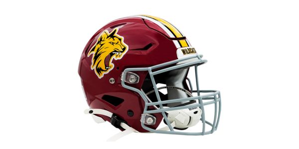 Maroon football helmet with a fierce wildcat logo and yellow stripe.