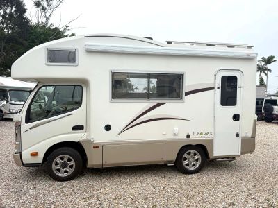 White camper van parked on gravel.