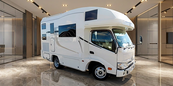 Late-model Toyota Camroad motorhome in a modern showroom setting
