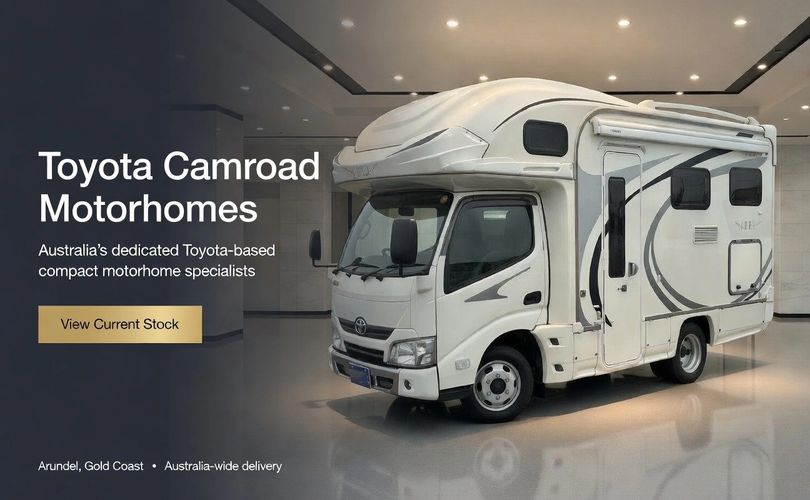 toyotacamroad.com.au banner: compact Toyota-based motorhome, View Current Stock, Gold Coast.